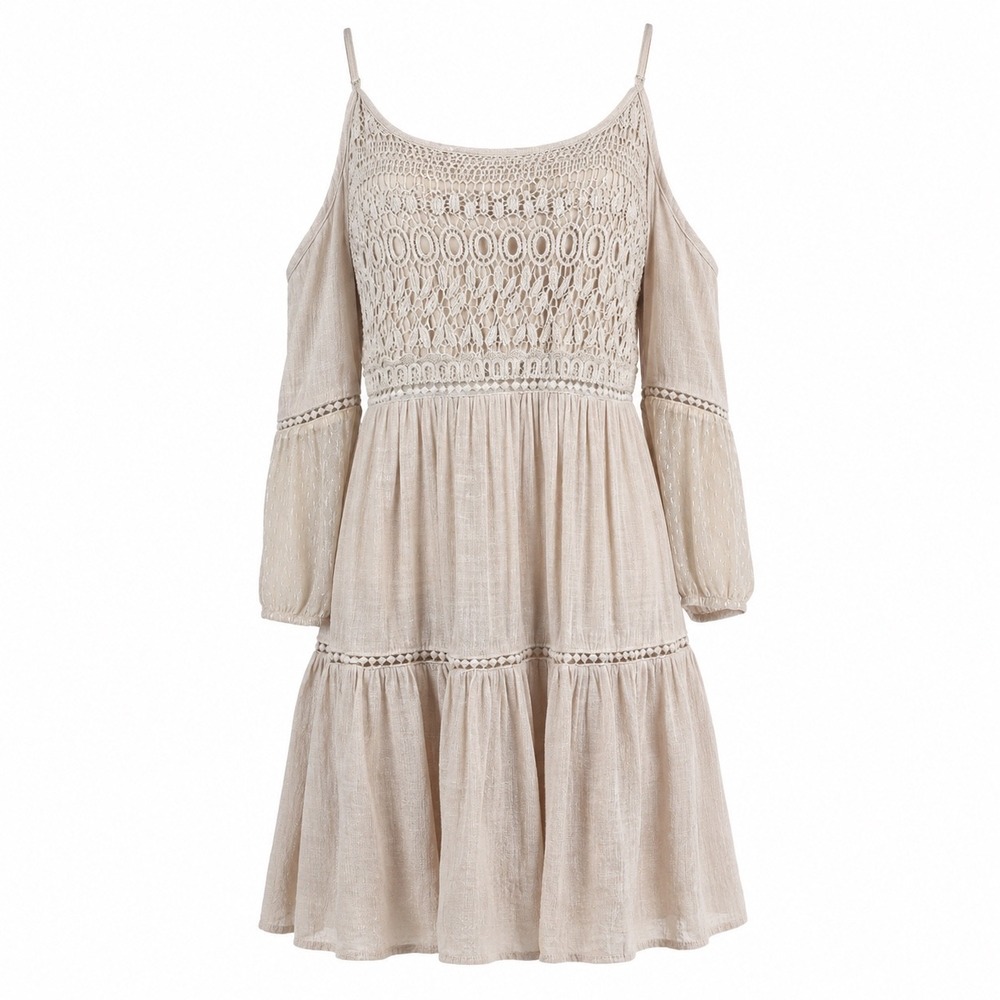 Vivid Importers of NY Cold Shoulder Dress Tan Cotton Boho Festival